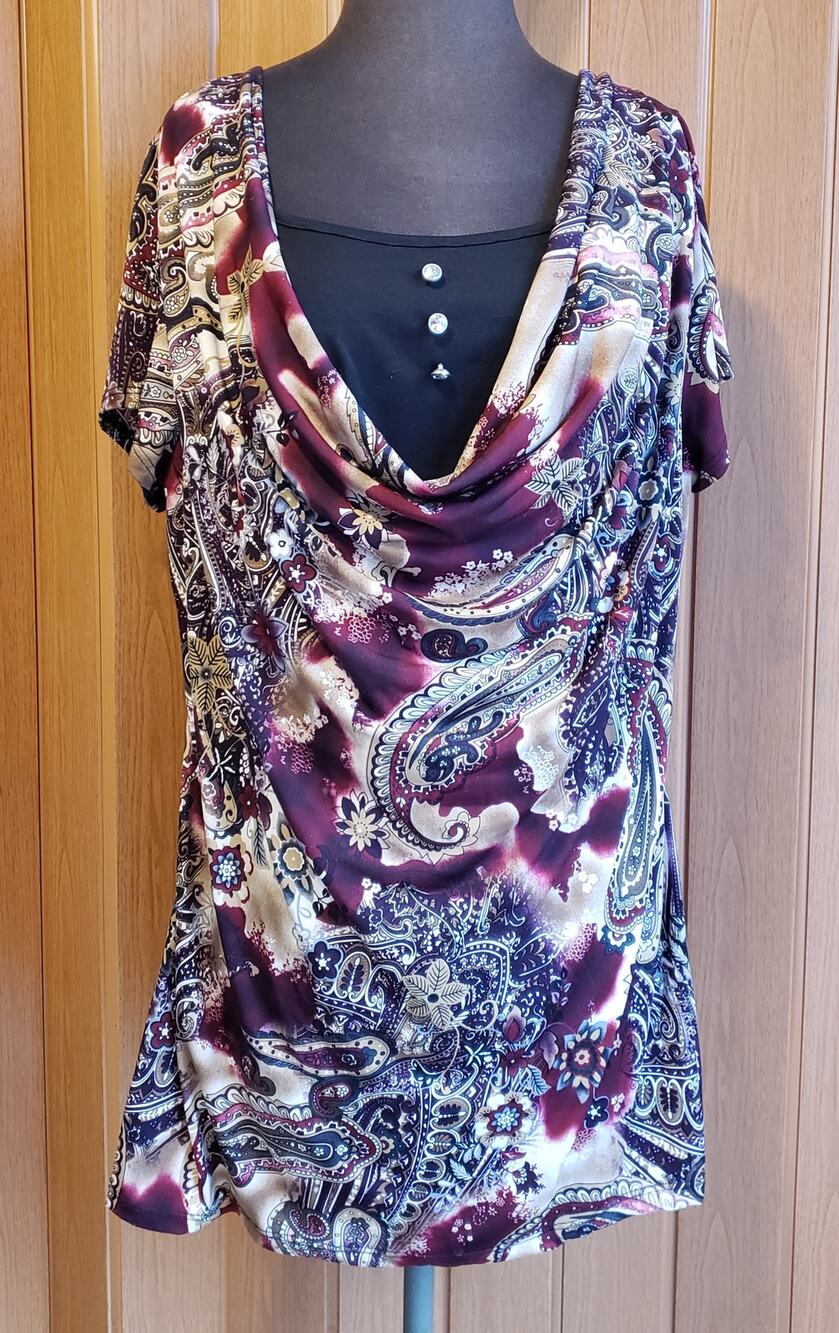 Judith size 1XL red & gold cowl swoop neck blouse